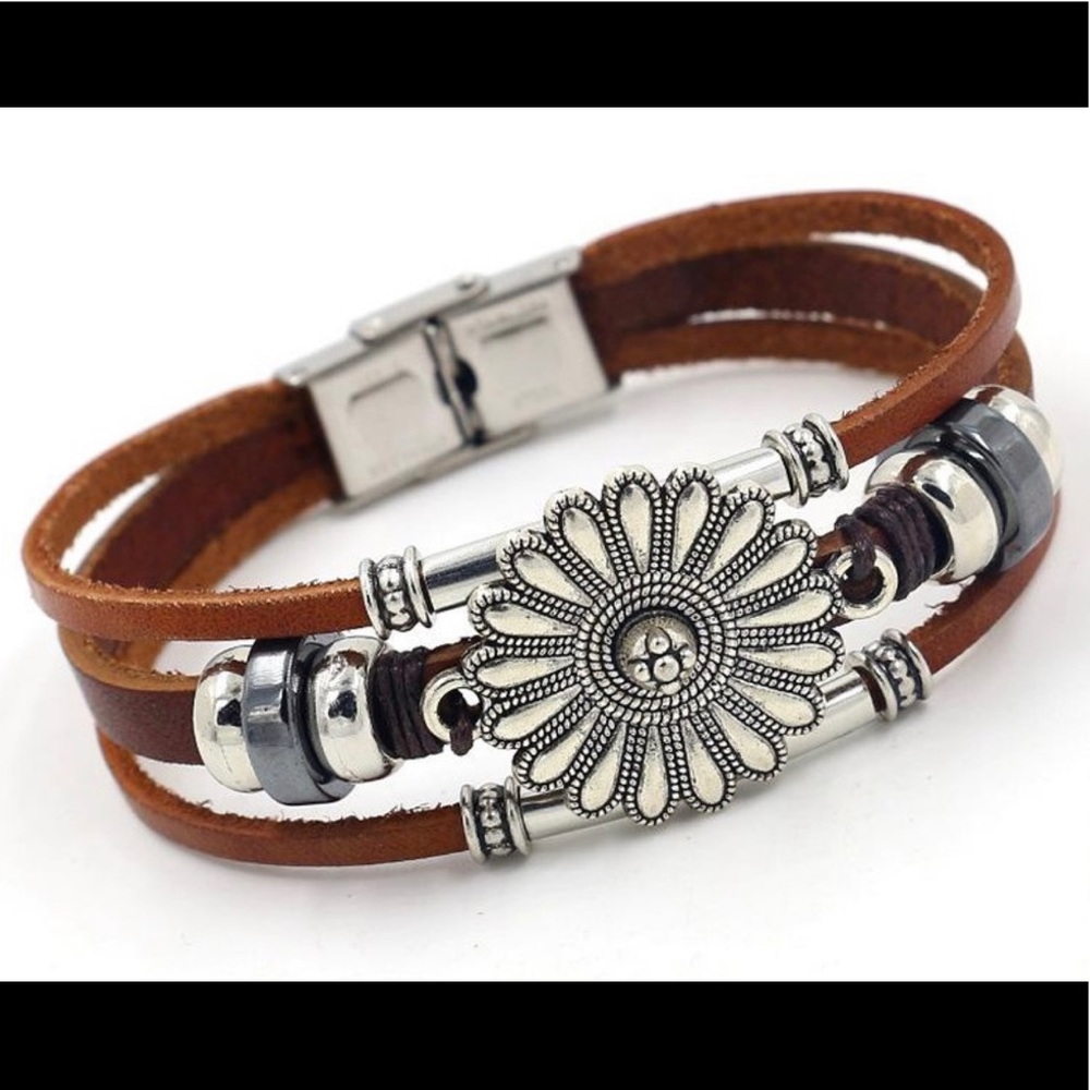 Silver Bohemian Flower Beaded Multi Layer Genuine Brown Leather Bracelet! - Picture 3 of 6